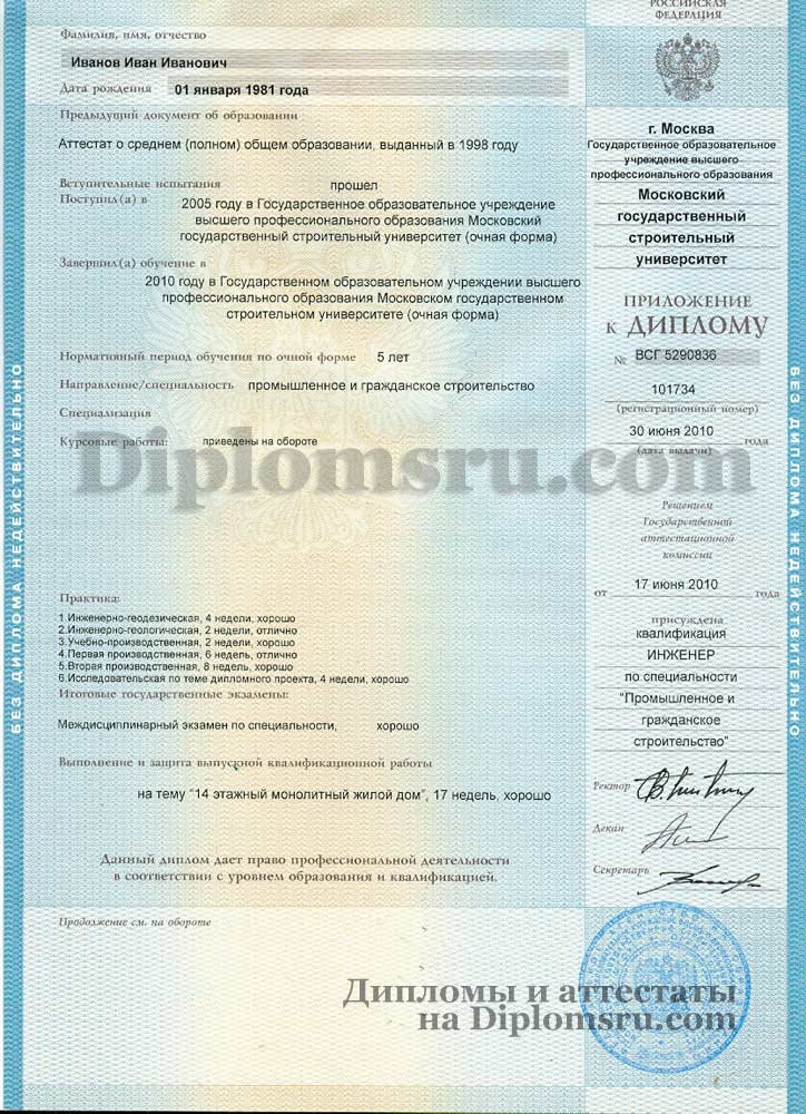 купить диплом мгсу, приложение